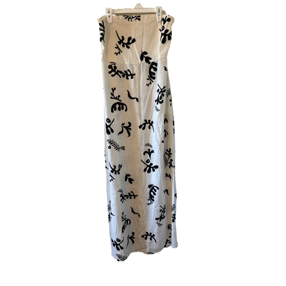 Strapless White Maxi Dress with Black Leaf Print